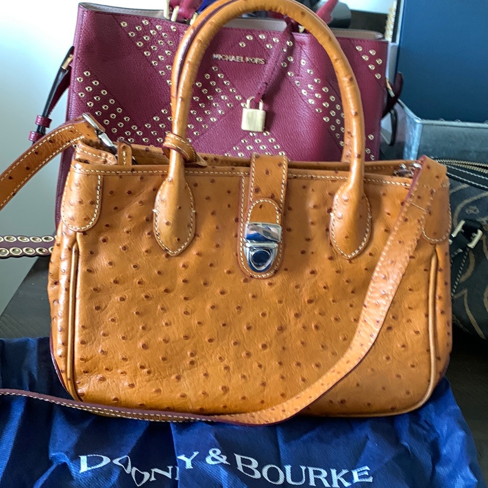 Dooney & Bourke two handle handbag in ostrich embossed leather tan.